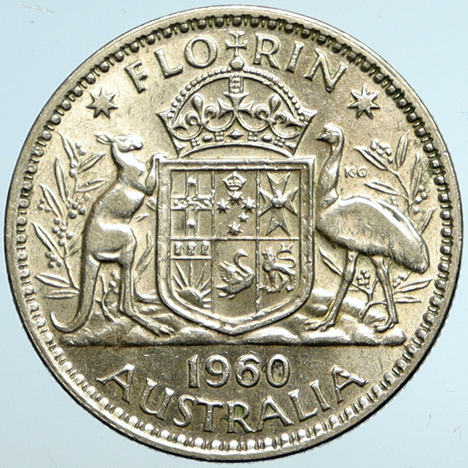 1960 AUSTRALIA - UK Queen Elizabeth II SILVER FLORIN Coat-of-Arms Coin i101498