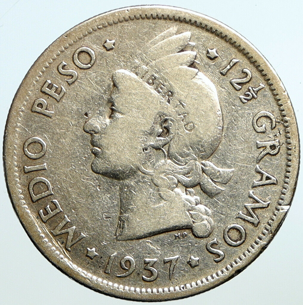 1937 DOMINICAN REPUBLIC Silver Liberty Silver MEDIO 1/2 Half Peso Coin i101375