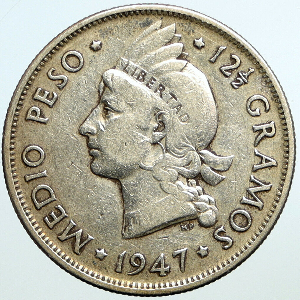 1947 DOMINICAN REPUBLIC Silver Liberty Silver MEDIO 1/2 Half Peso Coin i101376