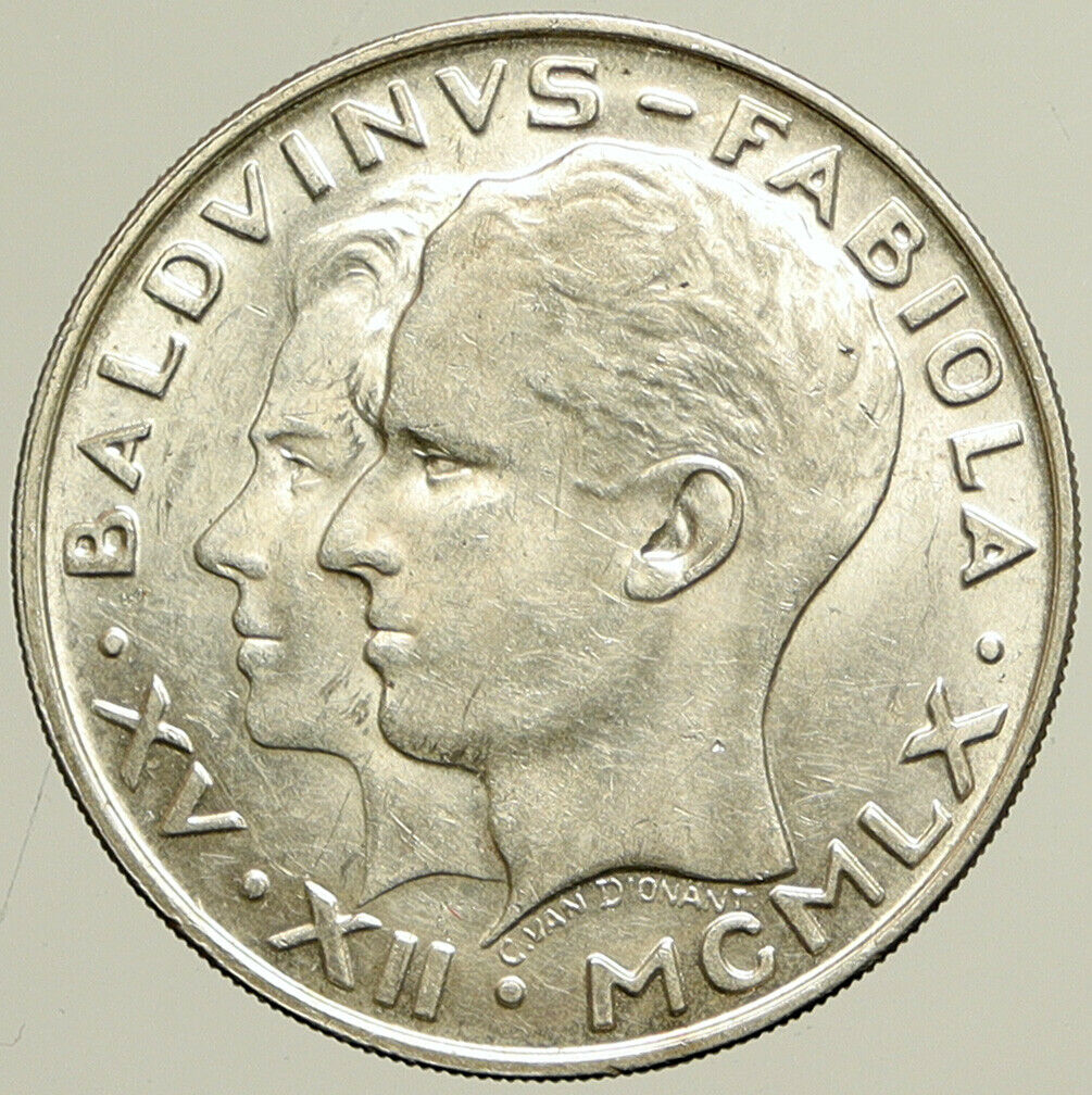 1960 BELGIUM King Baudouin I Marriage Queen Fabiola Silver 50 Franc Coin i101415