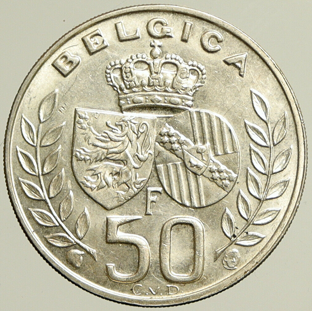 1960 BELGIUM King Baudouin I Marriage Queen Fabiola Silver 50 Franc Coin i101415