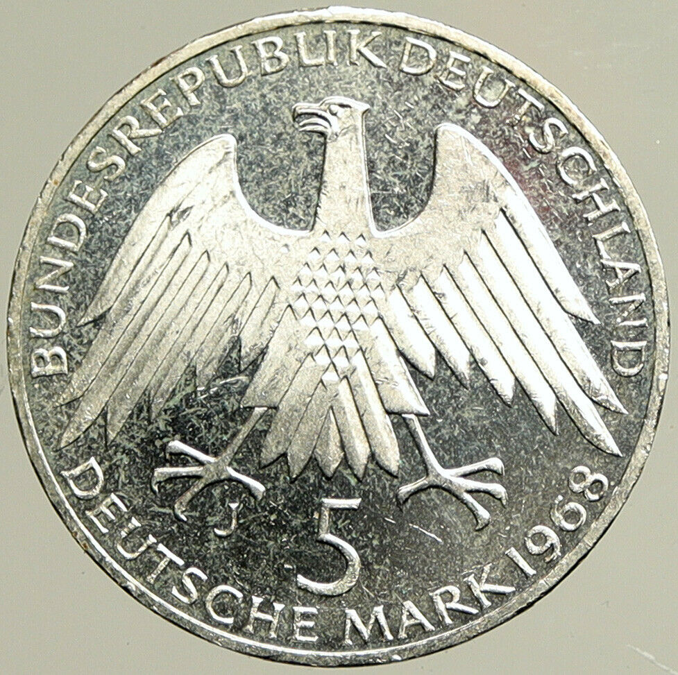 1968J GERMANY Credit Union Friedrich Wilhelm Raiffeisen VINTAGE 5Mk Coin i101427