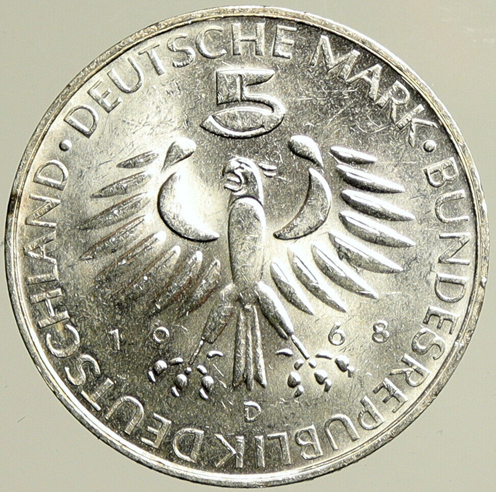 1968 D GERMANY Chemist Hygienist Max Pettenkofer OLD Vintage 5 Mark Coin i101420