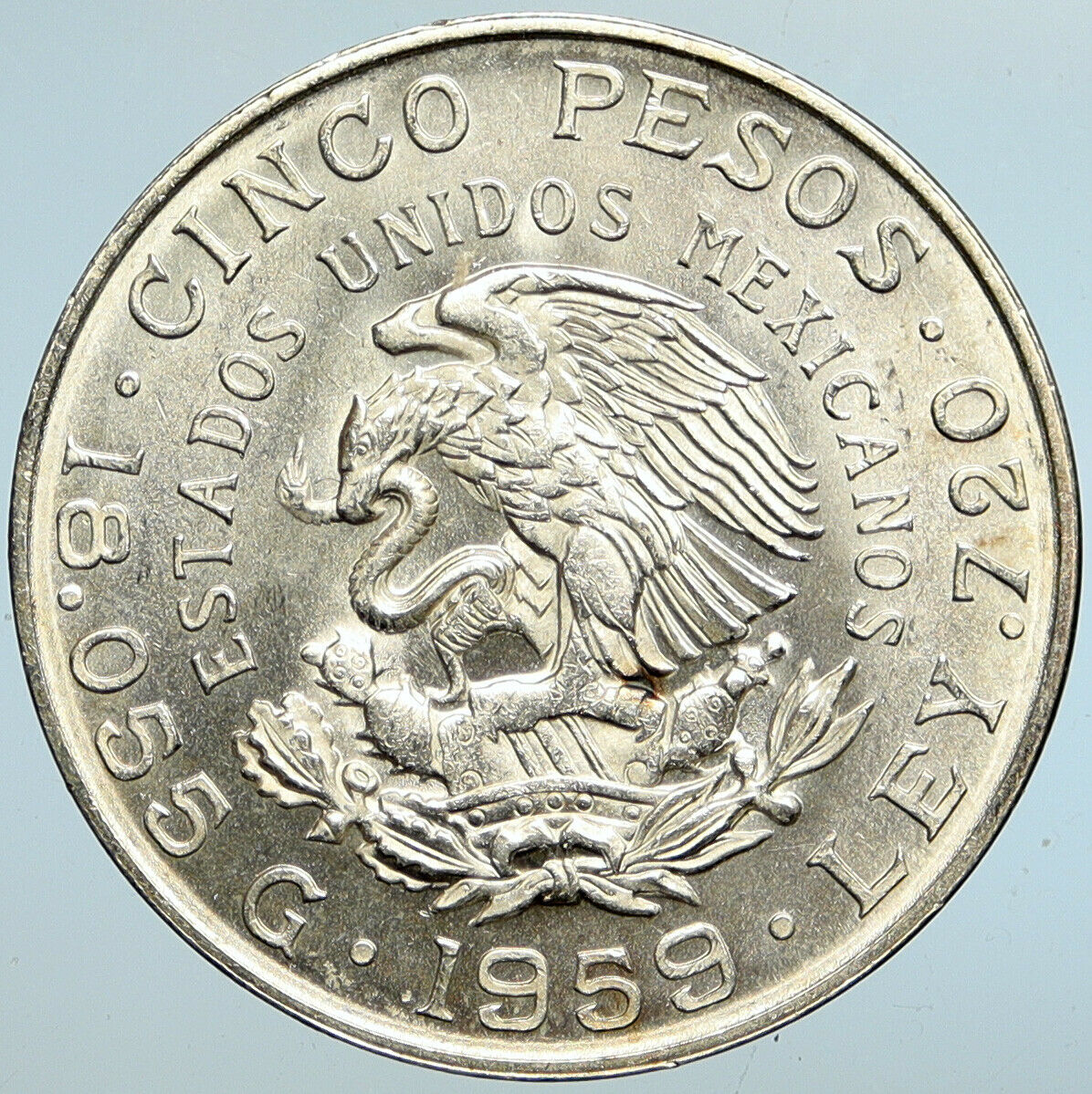 1959 MEXICO Mexican Independence War Hero CARRANZA Silver 5 Peso Coin i101347