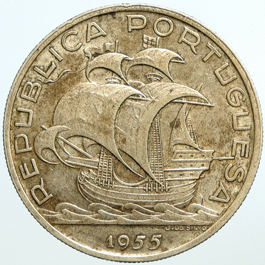 1955 PORTUGAL w PORTUGUESE SAILING SHIP Vintage Silver 10 Escudos Coin i101386