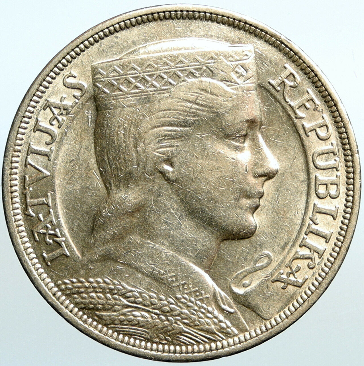 1932 LATVIA w Female Headwear 5 Lati LARGE Vintage Silver European Coin i101106