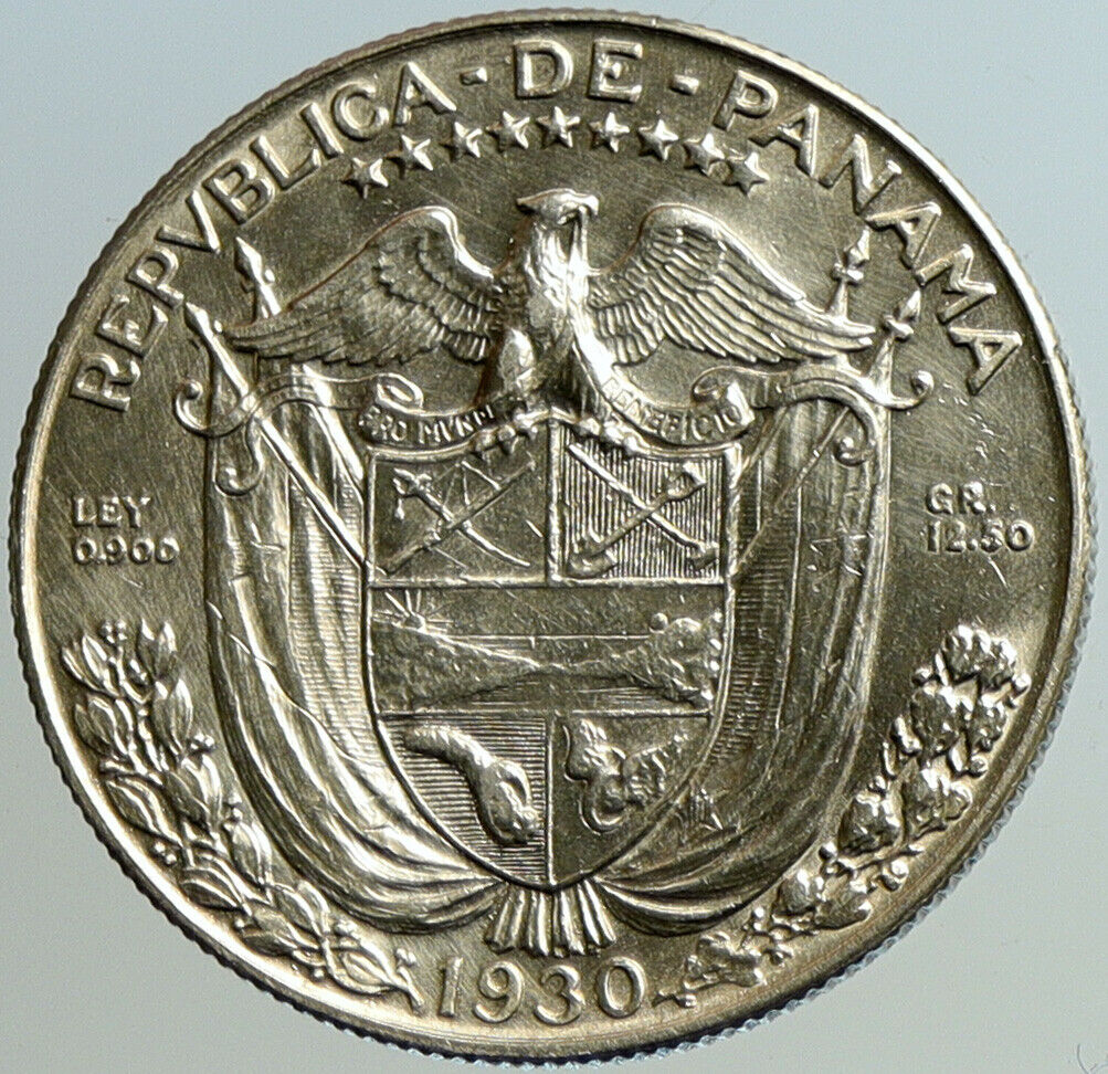 1930 PANAMA Spanish Conquistador Hero ANTIQUE OLD Silver 1/2 BALBOA Coin i101156