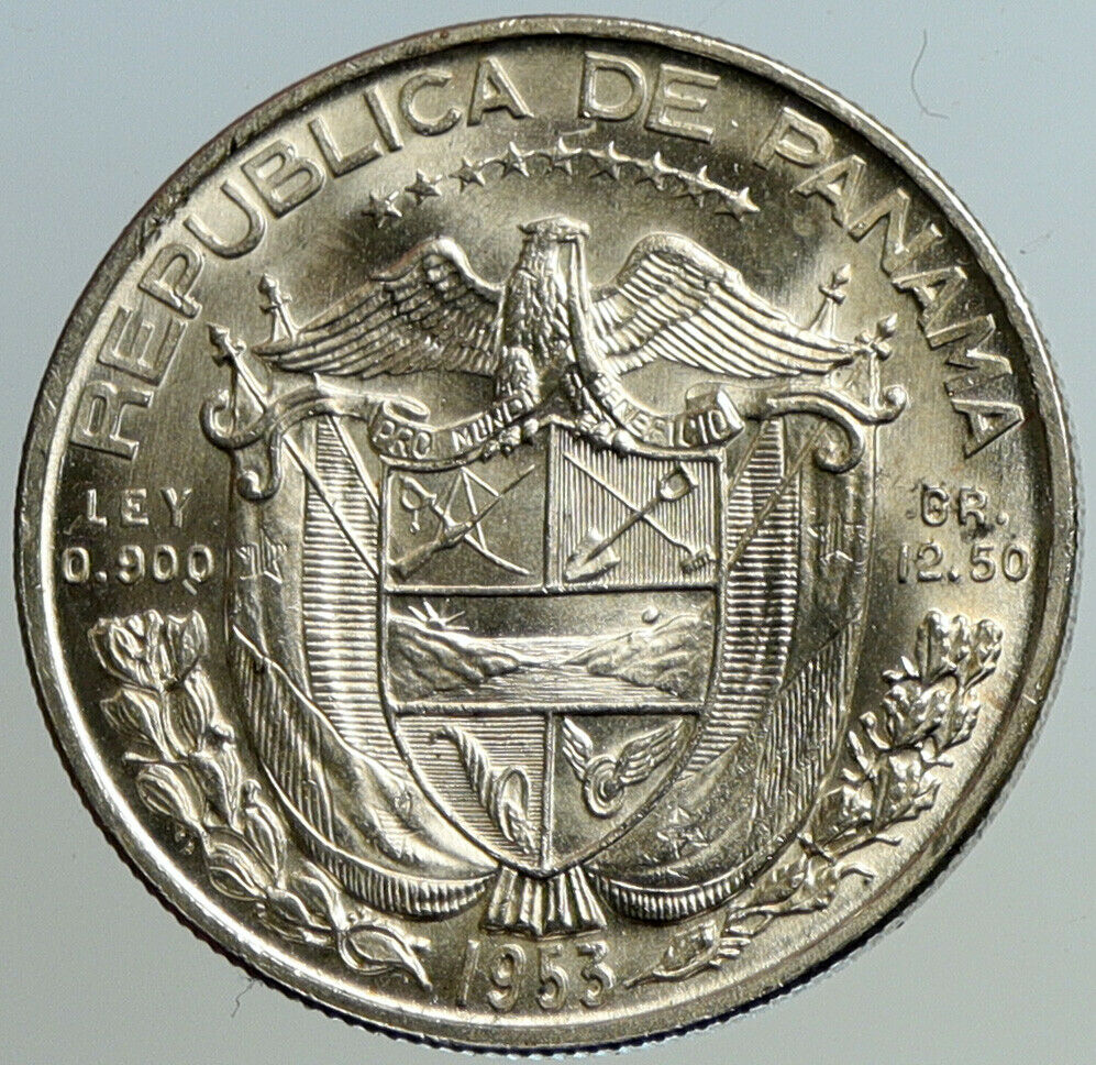 1953 PANAMA Spanish Conquistador Hero VINTAGE OLD Silver 1/2 BALBOA Coin i101155