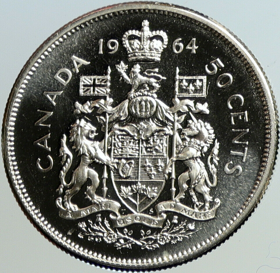 1964 CANADA Queen Elizabeth II Arms Crown VINTAGE SILVER 50 Cents Coin i101154