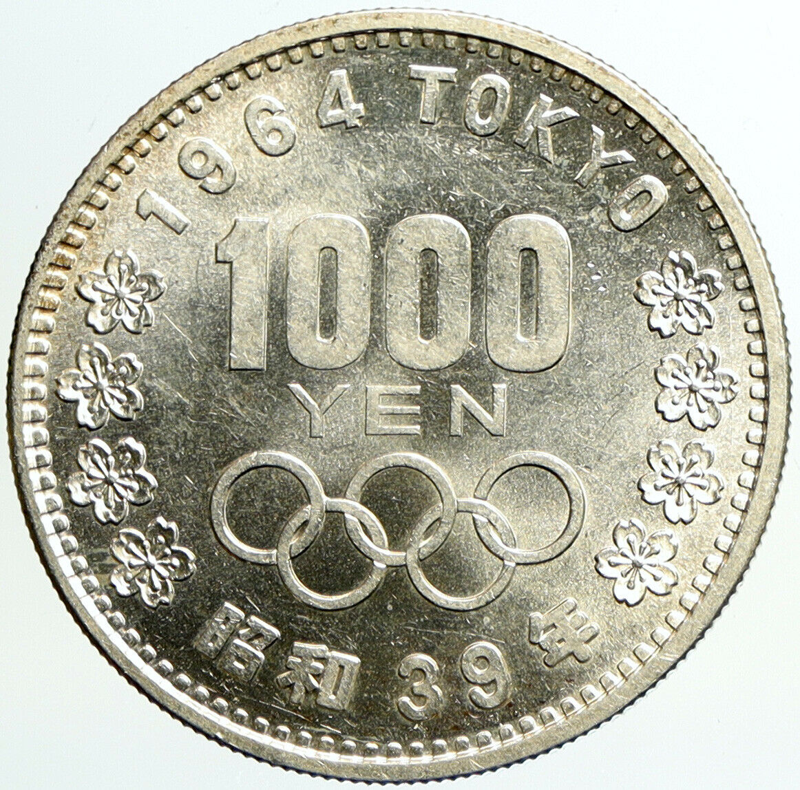 1964 JAPAN Tokyo Summer Olympic Game CHERRY MT FUJI Silver 1000 Yen Coin i101189