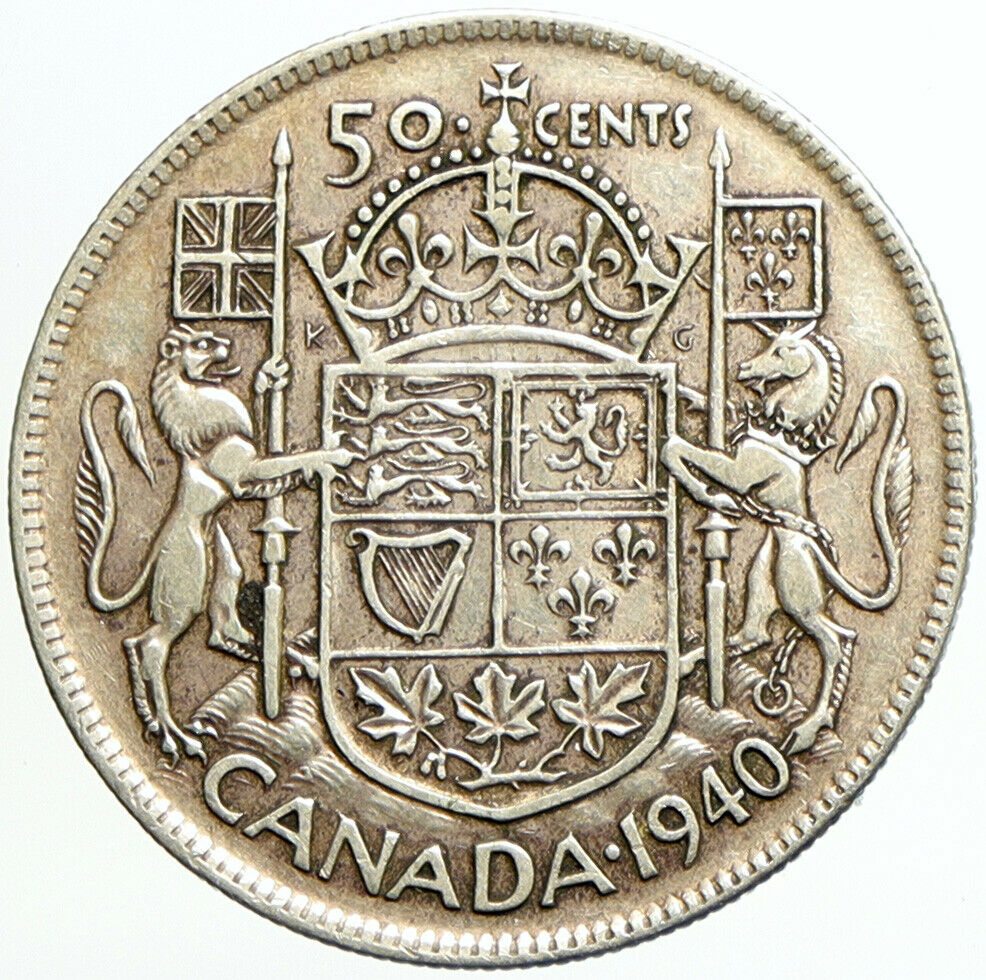 1940 CANADA UK King GEORGE VI Coat-of-Arms Large SILVER 50 Cents Coin i101190