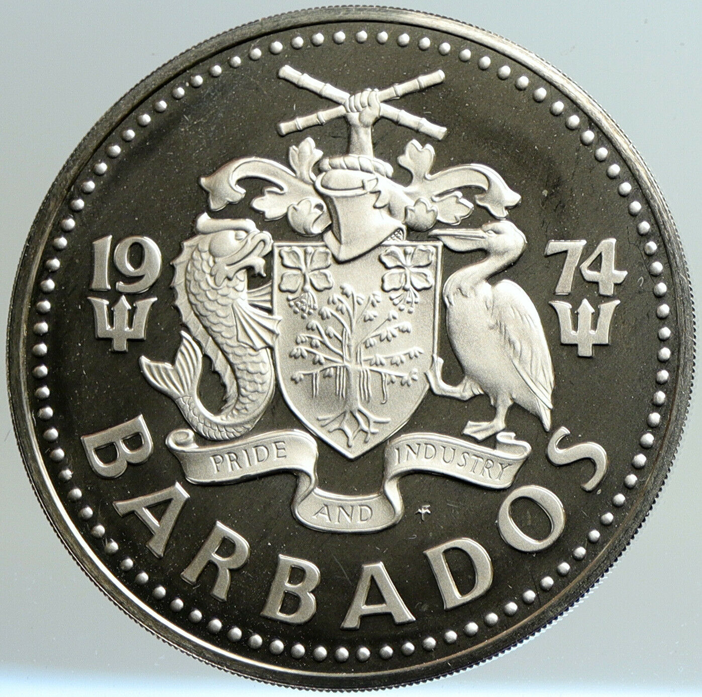 1974 BARBADOS Huge VINTAGE NEPTUNE Old Proof Silver 10 Dollars Coin i101204