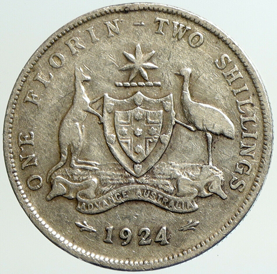 1924 AUSTRALIA UK King George V Kangaroos Old VINTAGE Silver Florin Coin i101205