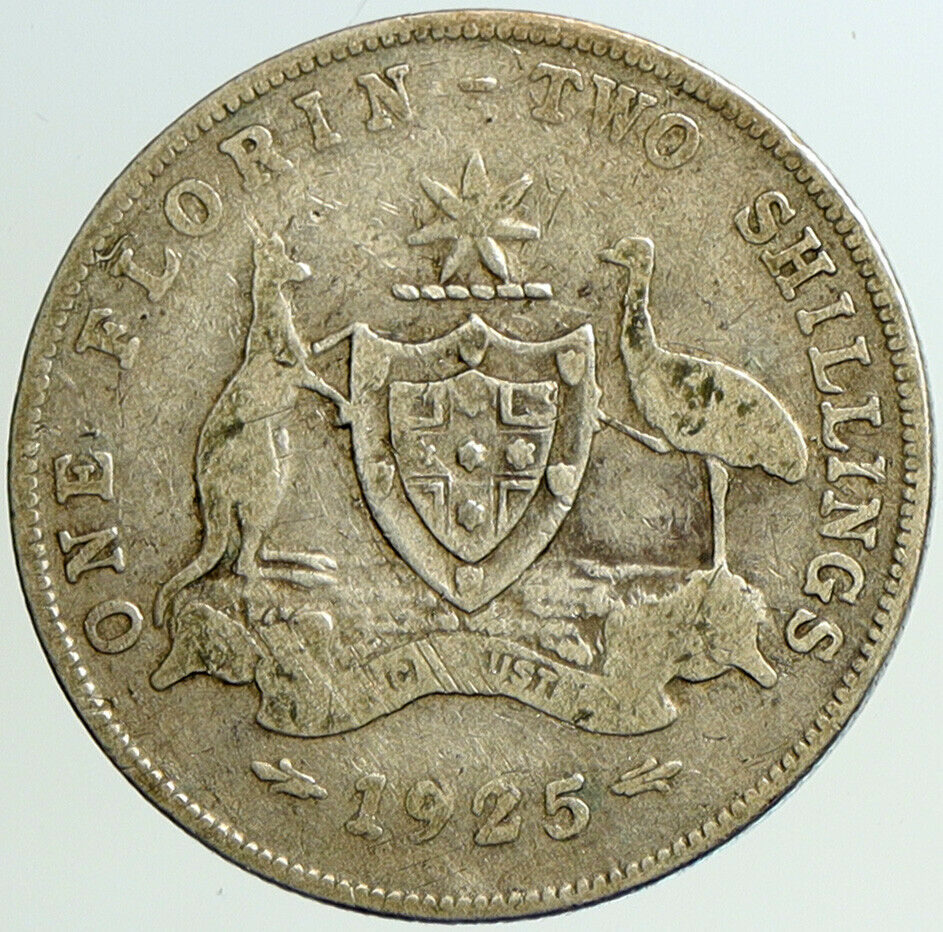 1925 AUSTRALIA - UK King George V Kangaroo Silver Florin Australian Coin i101201