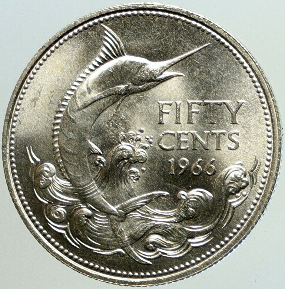 1966 BAHAMAS UK Queen Elizabeth II and Marlin FISH Silver Coin 50 Cents i101215