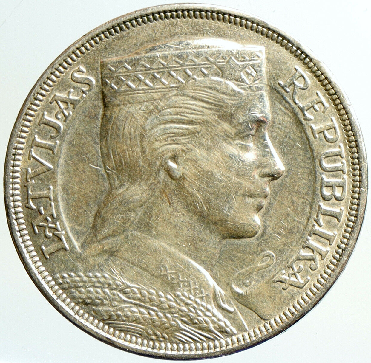 1931 LATVIA w Female Headwear 5 Lati LARGE Vintage Silver European Coin i101188