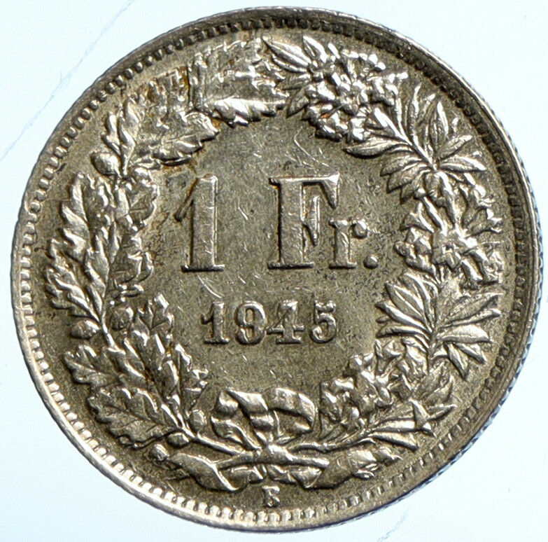 1945 B SWITZERLAND HELVETIA Symbolizes SWISS Nation SILVER 1 Franc Coin i101687