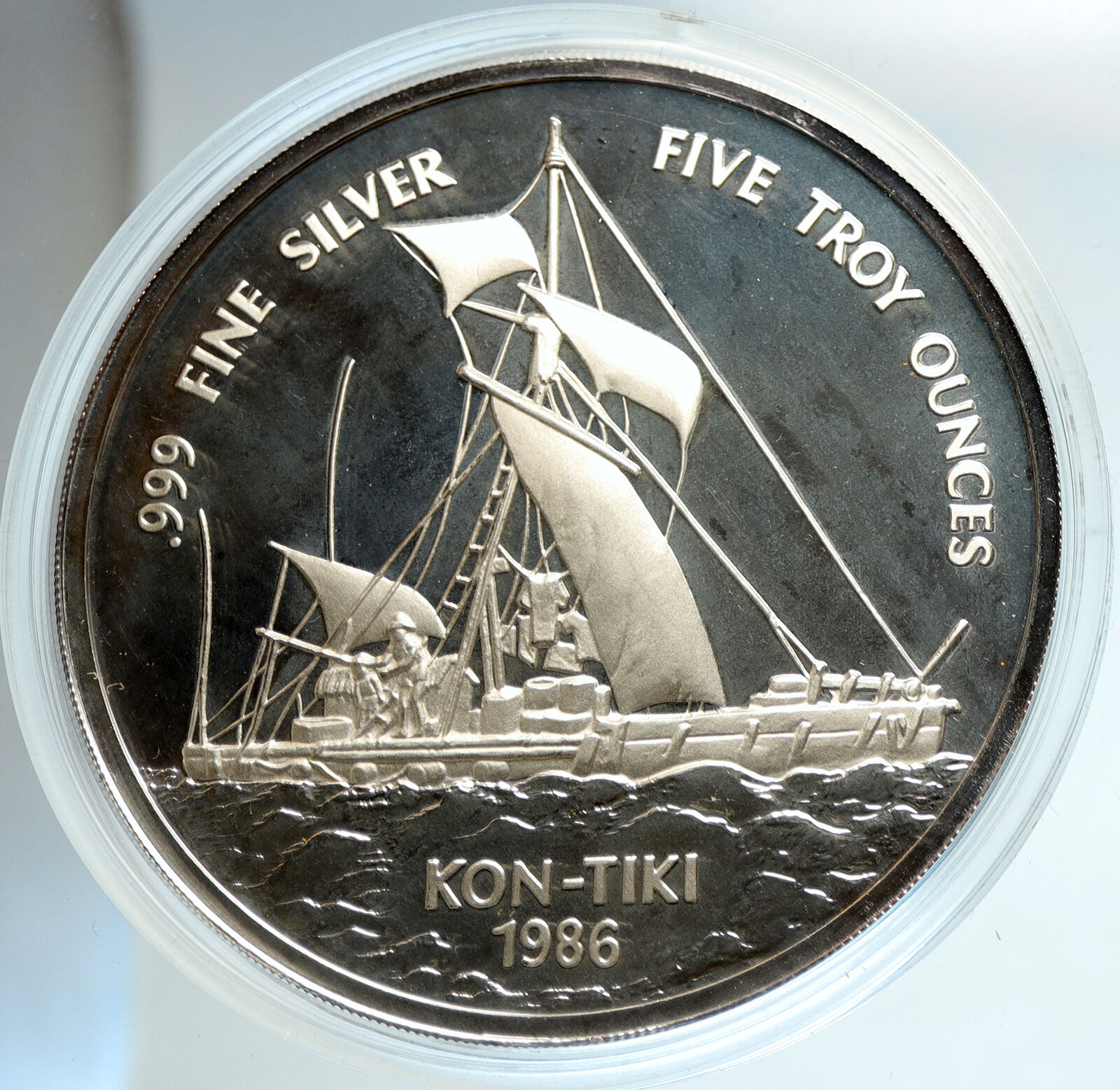 1986 SAMOA UK British KON-TIKI EXPEDITION Vintage Silver $25 5OZ Coin i103104