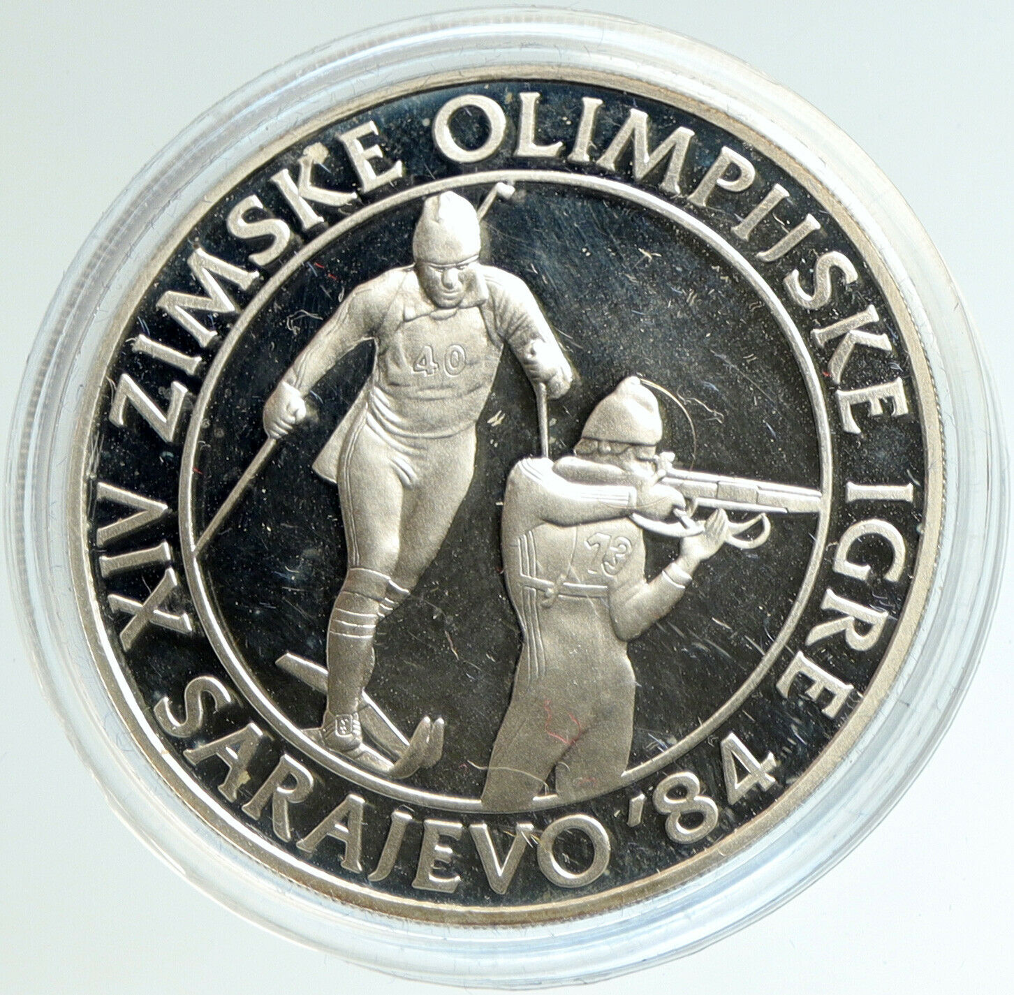 1983 YUGOSLAVIA '84 Winter Olympic SARAJEVO Biathlon PF Silver 500D Coin i103130