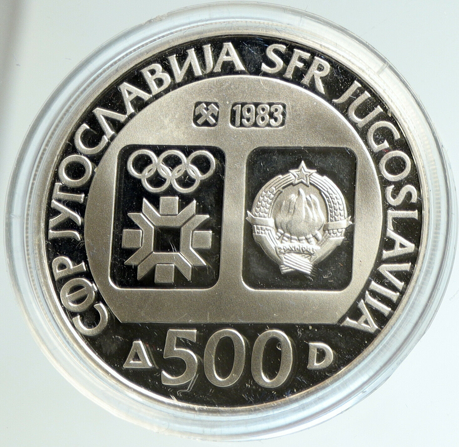 1983 YUGOSLAVIA '84 Winter Olympic SARAJEVO Biathlon PF Silver 500D Coin i103130