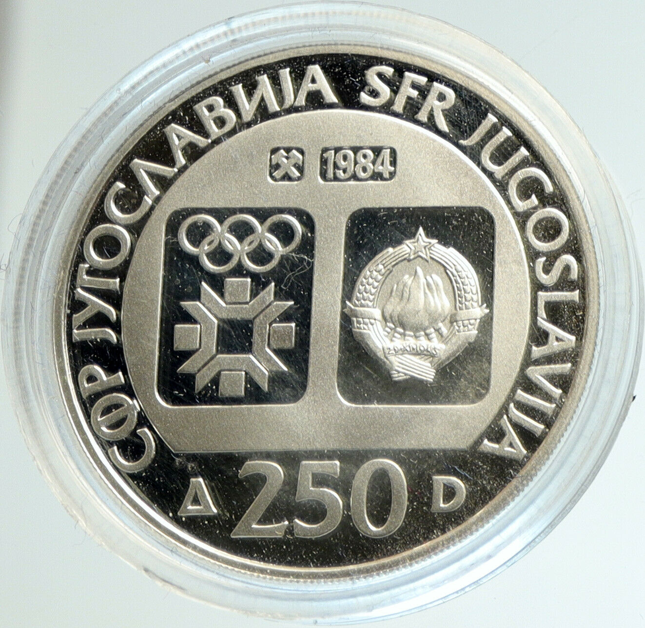 1984 YUGOSLAVIA Winter Olympic SARAJEVO Tito PRF Silver 250 Dinara Coin i103131