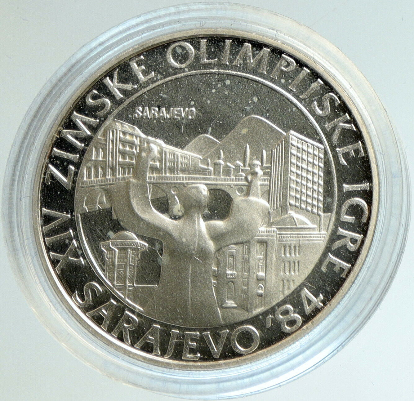 1984 YUGOSLAVIA Olympic SARAJEVO CITY VIEW Proof Silver 250 Dinara Coin i103123