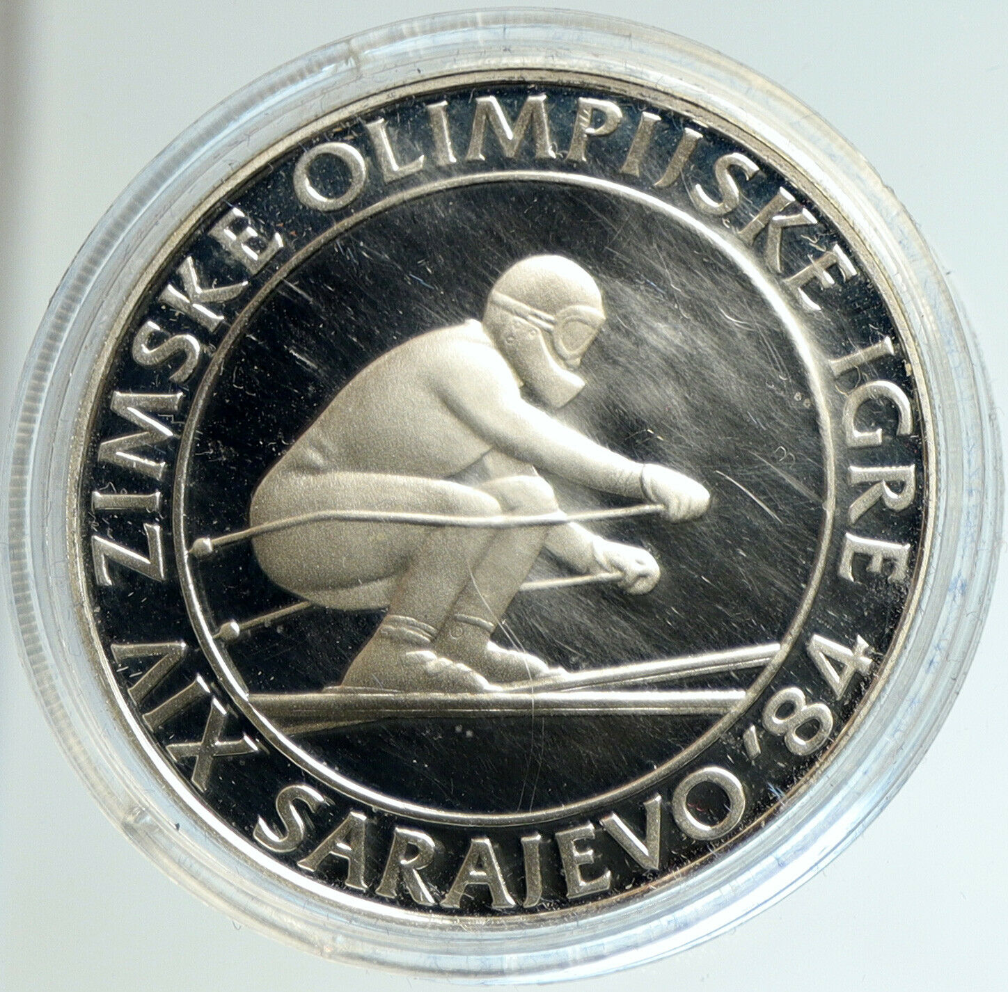 1982 YUGOSLAVIA '84 Winter Olympic SARAJEVO Skier Proof Silver 500D Coin i103126