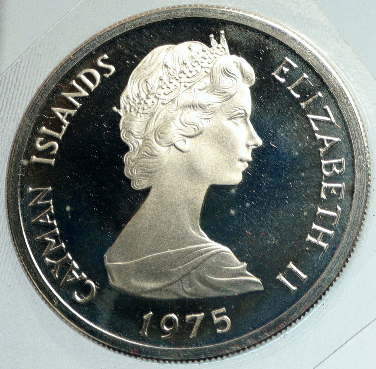 1975 CAYMAN ISLANDS UK Queen Elizabeth II 4.2cm OLD Proof Silver $5 Coin i103118