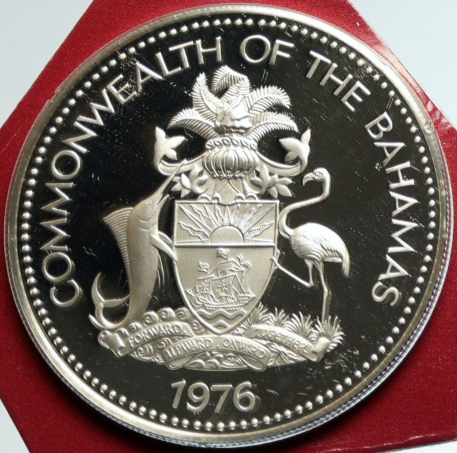 1976 BAHAMAS UK Queen Elizabeth II FLAG Proof Silver Coin 5 Dollars Coin i103101