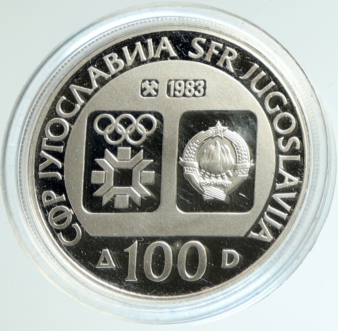 1984 YUGOSLAVIA Sarajevo XIV Olympics Luge Bobsled PROOF Silver 100 Coin i103121