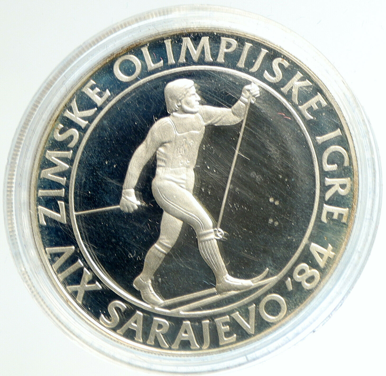 1984 YUGOSLAVIA '84 Winter Olympic SARAJEVO Skier Proof Silver 500D Coin i103133