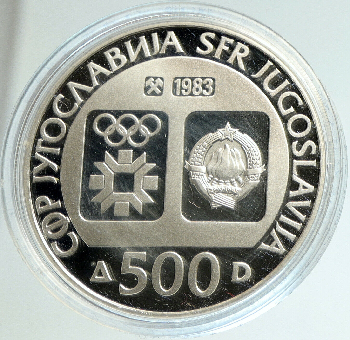 1983 YUGOSLAVIA '84 Olympics SARAJEVO Ski Jumper PROOF Silver 500D Coin i103128