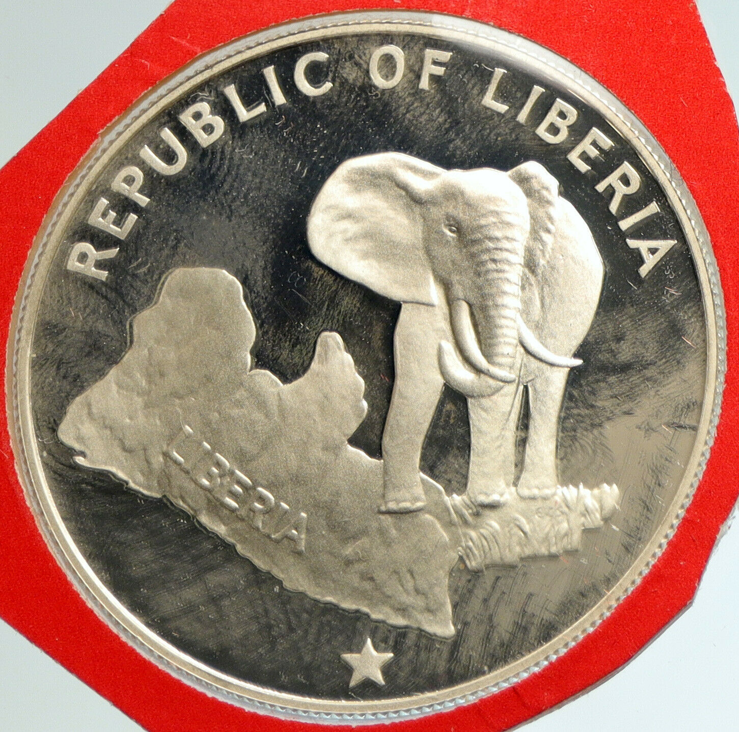 1977 LIBERIA State Map w/ Elephant Antique VINTAGE Proof Silver $5 Coin i103111