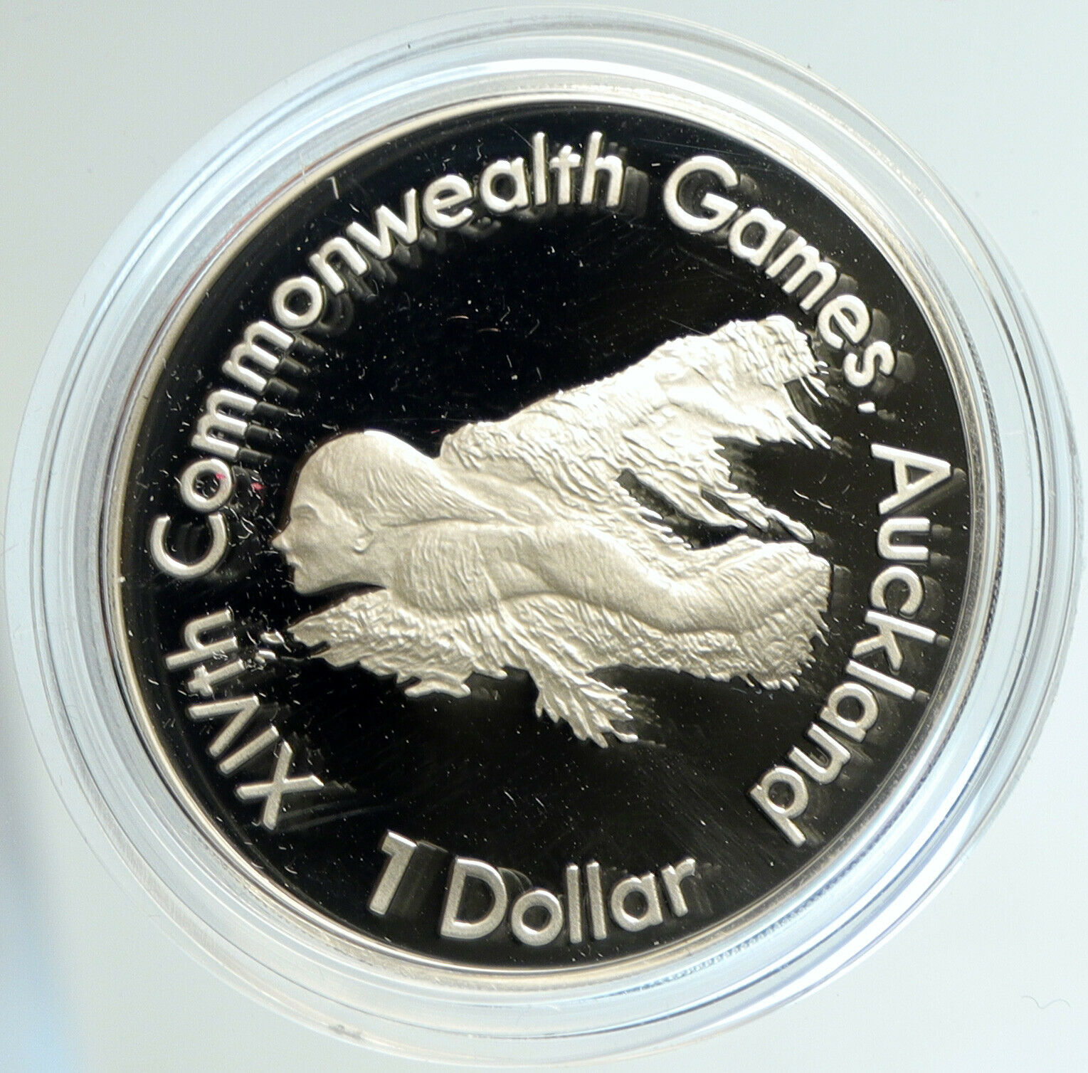 1989 NEW ZEALAND XIV 1990 Commonwealth Game SWIMMER Proof Silver $1 Coin i103135