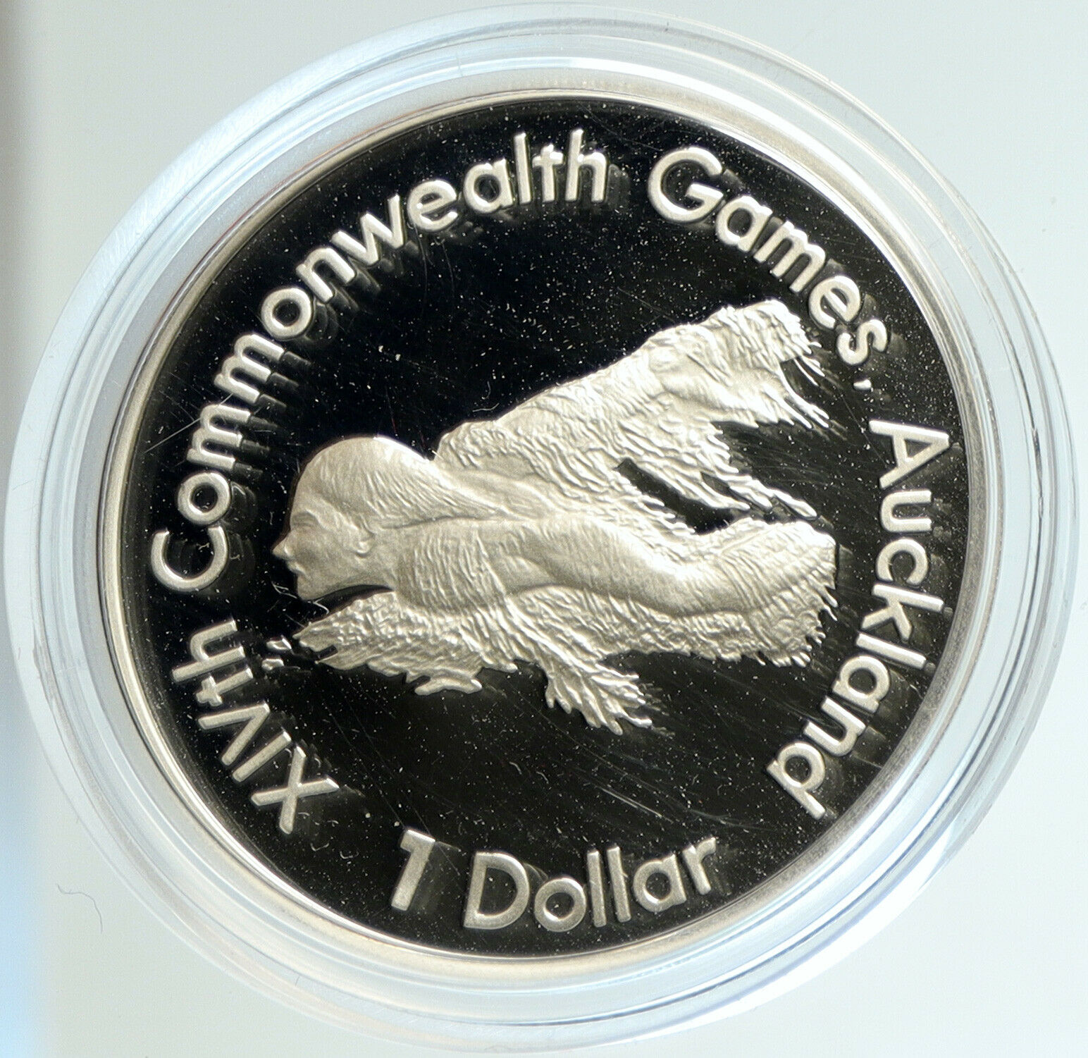 1989 NEW ZEALAND XIV 1990 Commonwealth Game SWIMMER Proof Silver $1 Coin i103140