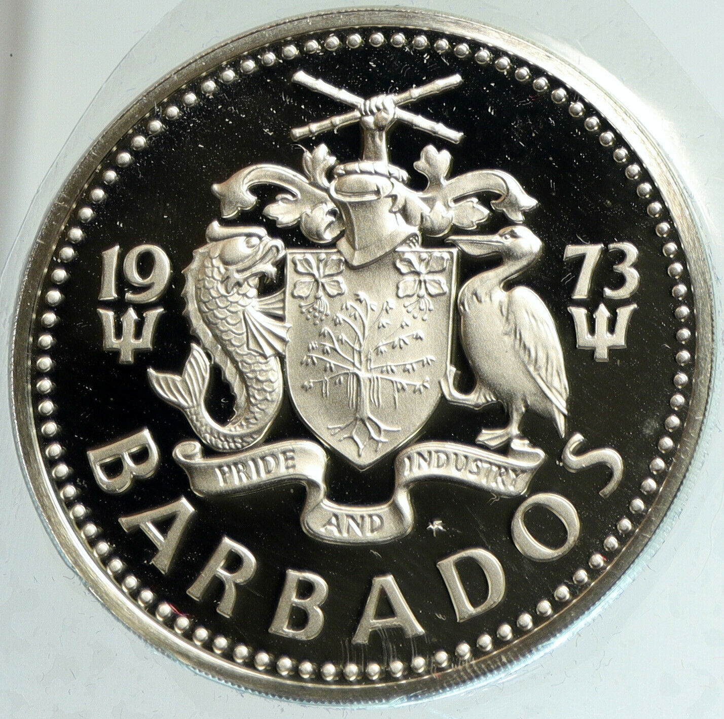 1973 BARBADOS Huge VINTAGE NEPTUNE Old Proof Silver 10 Dollars Coin i103142