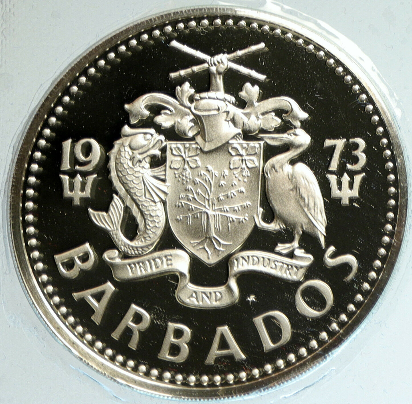 1973 BARBADOS Huge VINTAGE NEPTUNE Old Proof Silver 10 Dollars Coin i103155