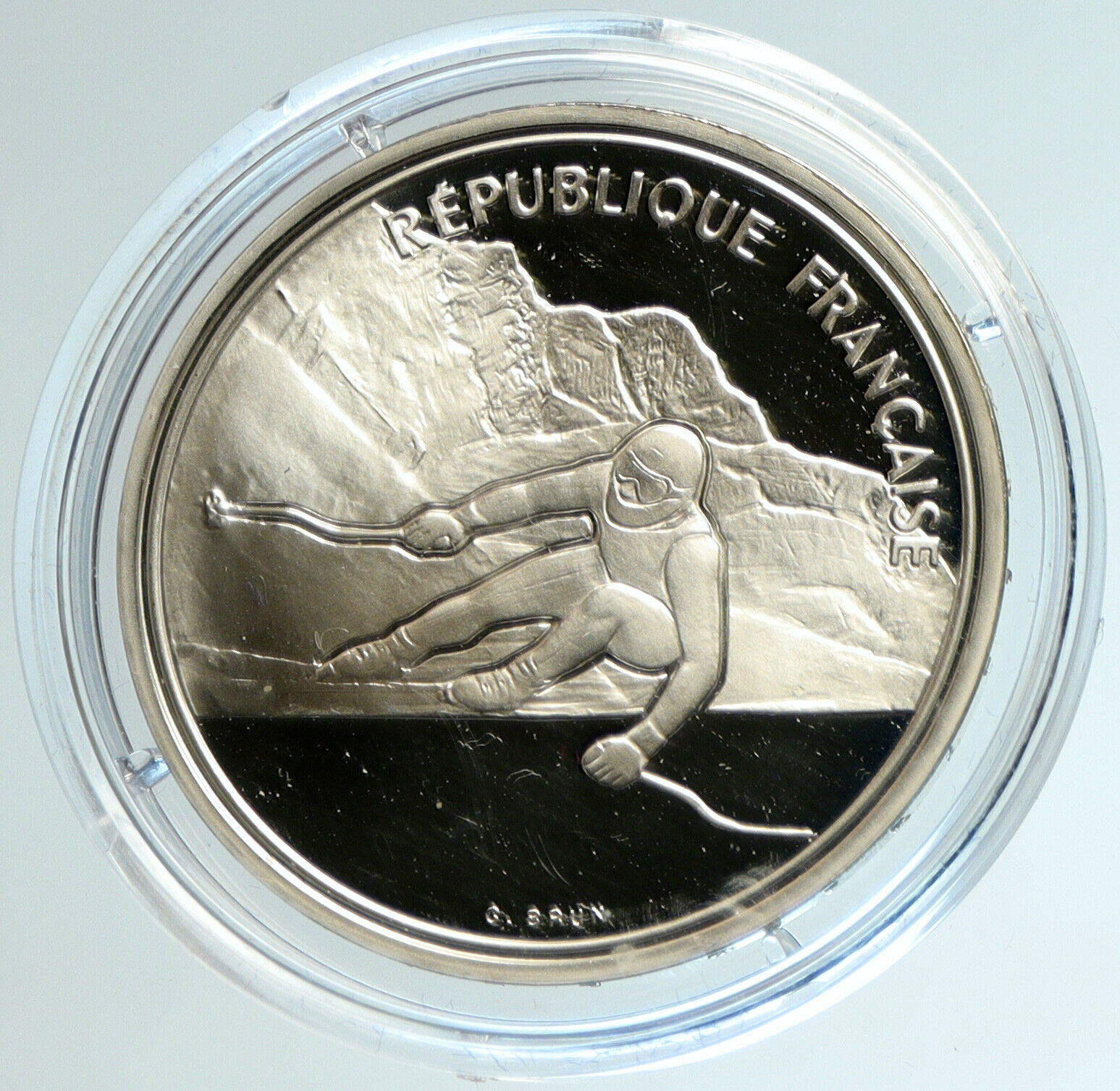 1989 FRANCE '92 Albertville Olympics Skiing Proof Silver 100 Francs Coin i103151