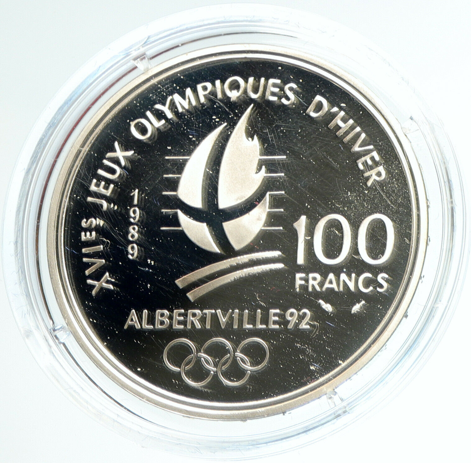 1989 FRANCE '92 Albertville Olympics Skiing Proof Silver 100 Francs Coin i103151