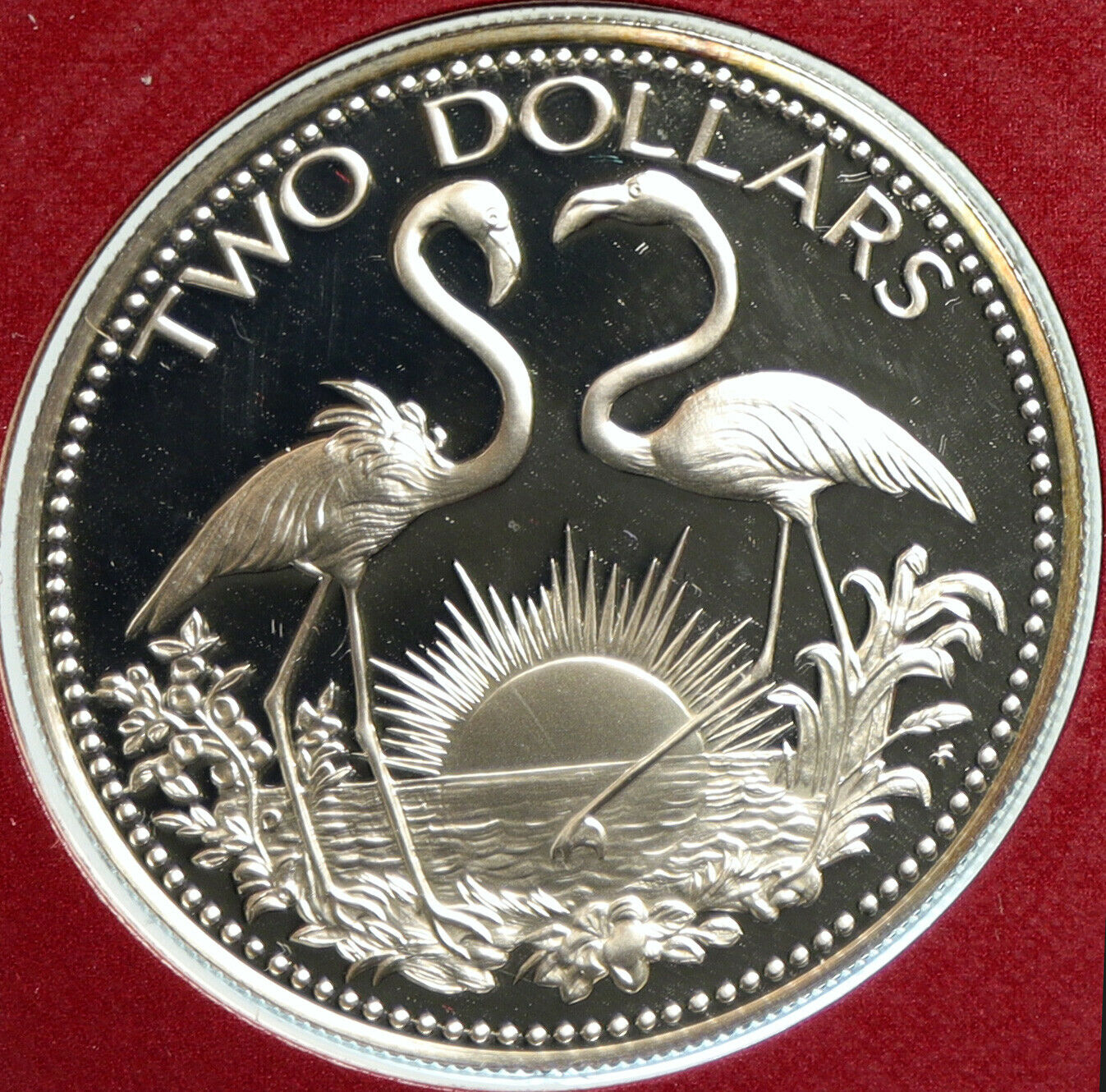 1976 The BAHAMAS Islands TWO FLAMINGOS Old Proof Silver 2 Dollar Coin i103048