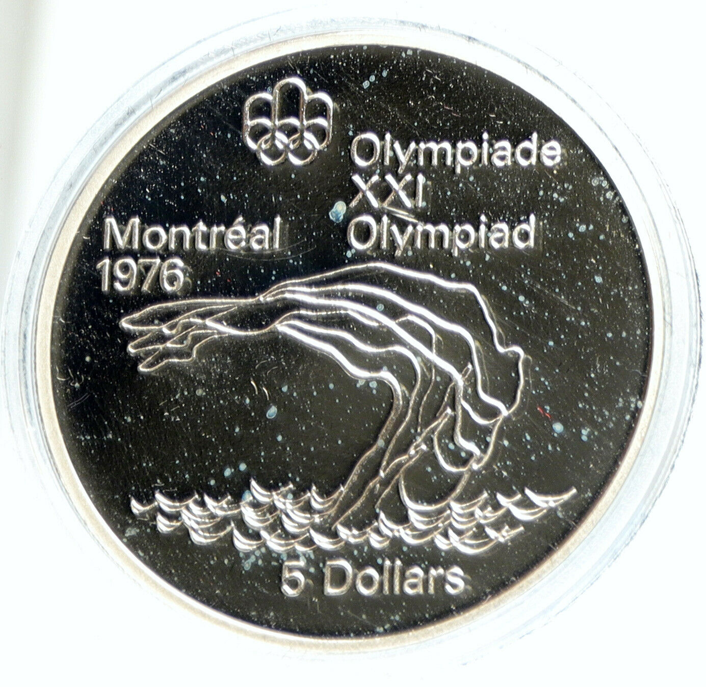 1975 CANADA UK Elizabeth II Olympics Montreal Diving PRF Silver $5 Coin i103052