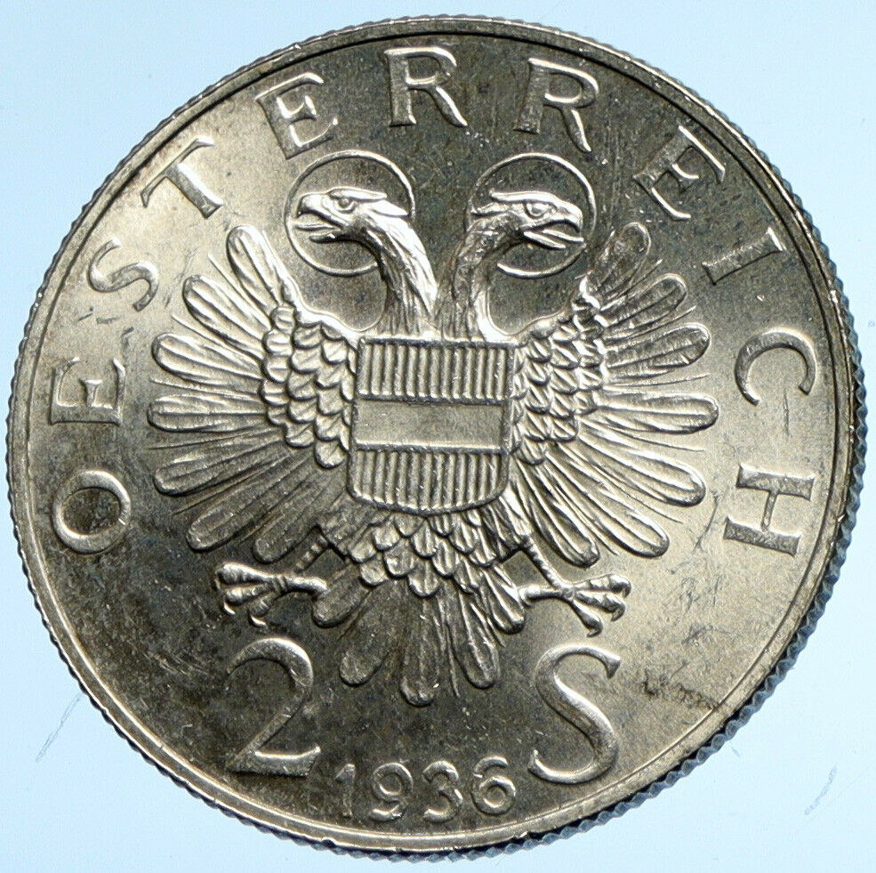 1936 AUSTRIA Prince EUGEN OF SAVOY Eagle VINTAGE Silver 2 Schilling Coin i102882