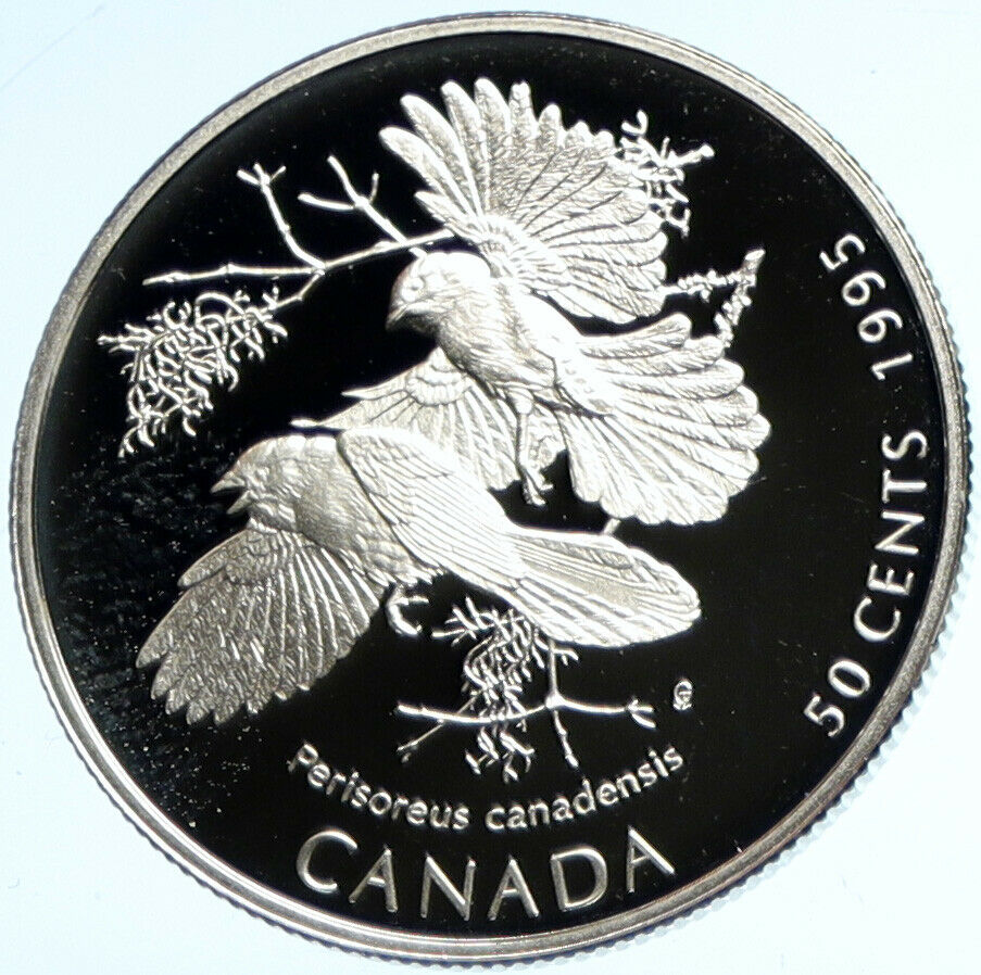 1995 CANADA Queen Elizabeth II GRAY JAYS BIRDS PRF SILVER 50 Cents Coin i102837