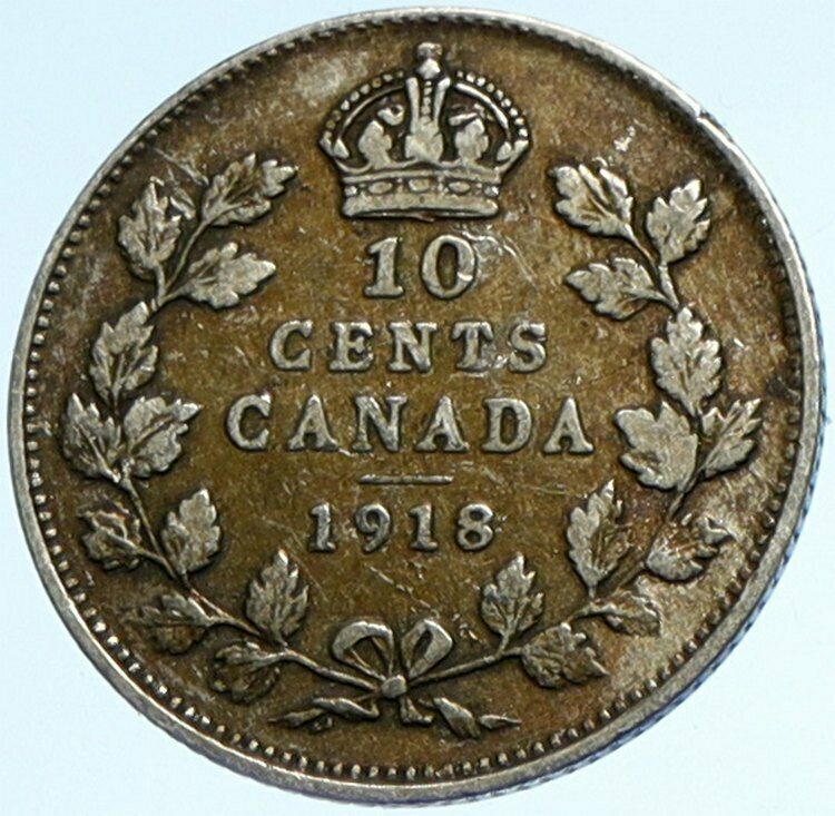 1918 CANADA King GEORGE V Original Genuine Antique Silver 10 Cents Coin i102847