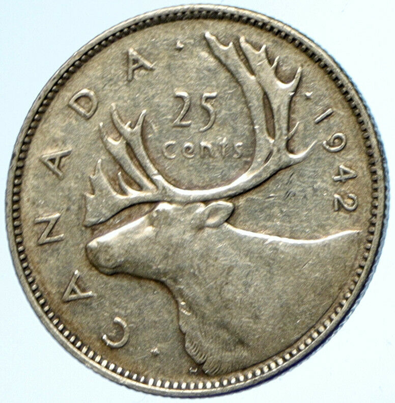 1942 CANADA King George VI Britain ANTLERS CARIBOU Silver 25 Cent Coin i102842