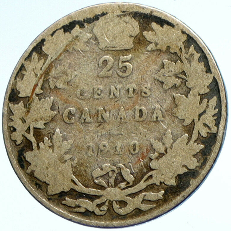 1910 CANADA UK King Edward VII w Crown OLD Antique Silver 25 Cents Coin i102840