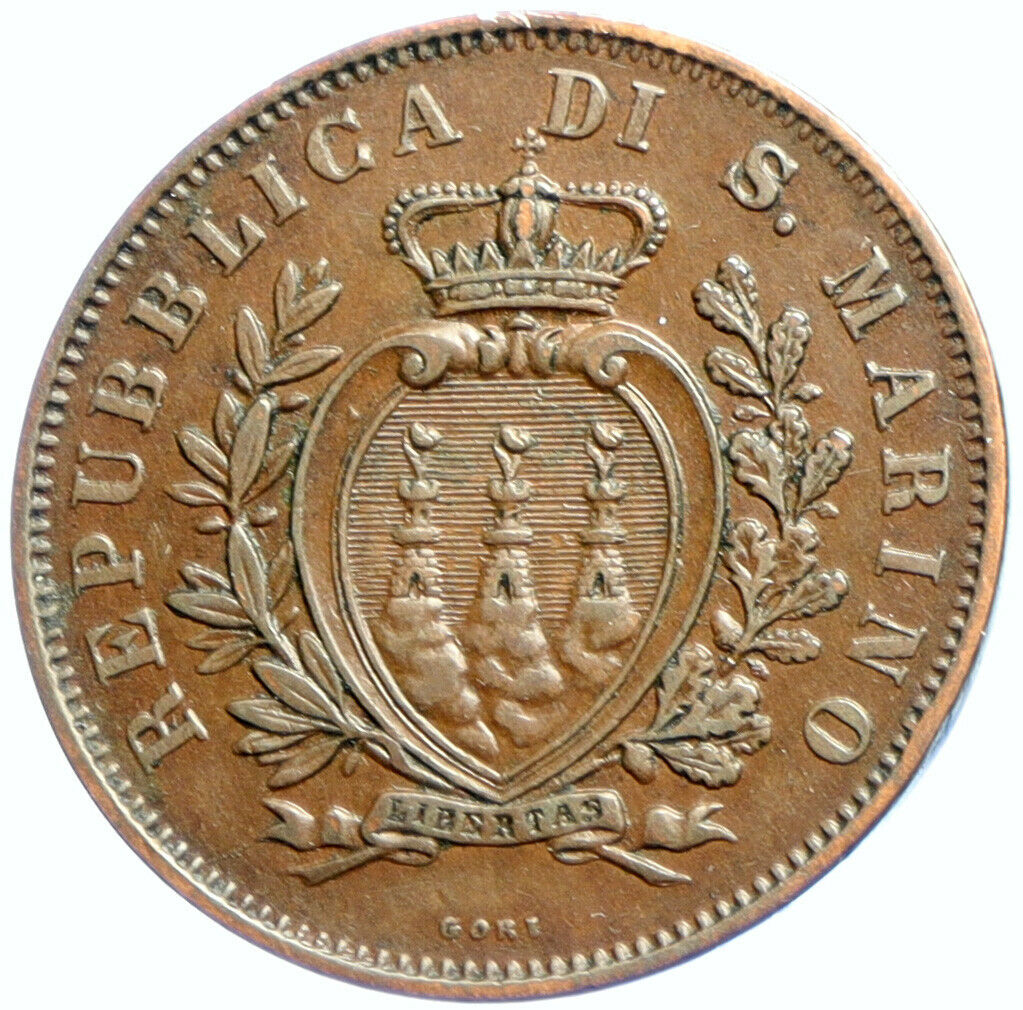 1893 R SAN MARINO Italy Wreath & Crown Antique VINTAGE 10 Centismo Coin i102906