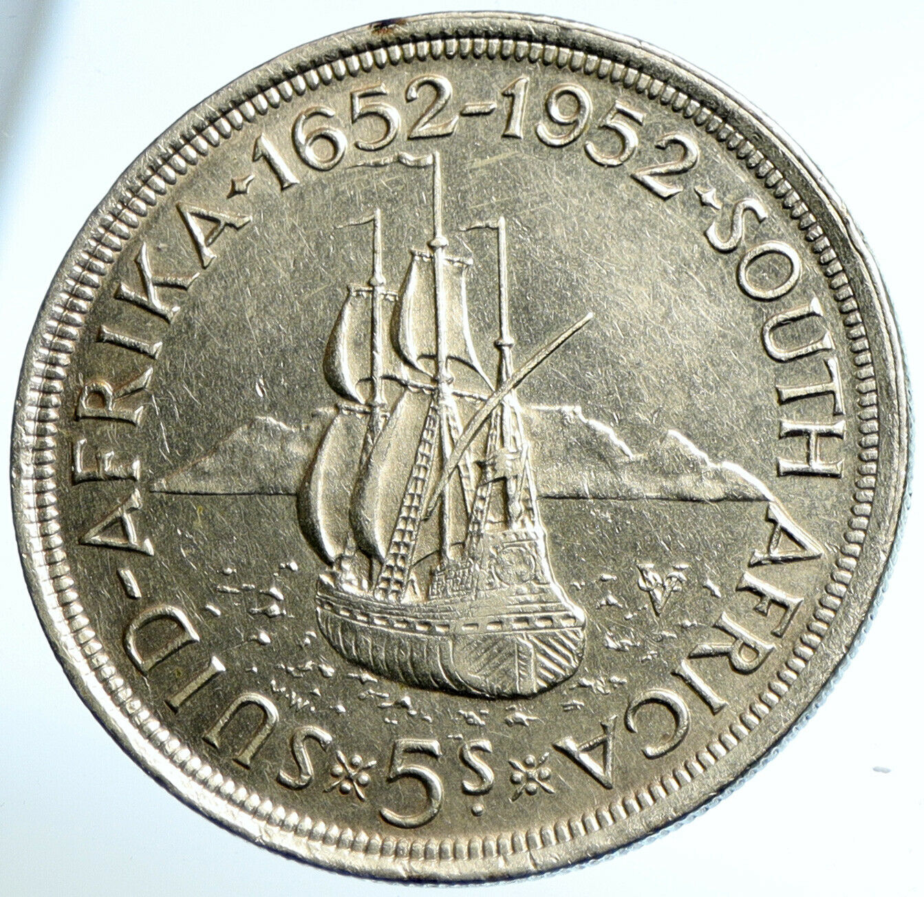 1952 SOUTH AFRICA George VI 300th Cape Town SHIP Silver 5 Shillings Coin i102923