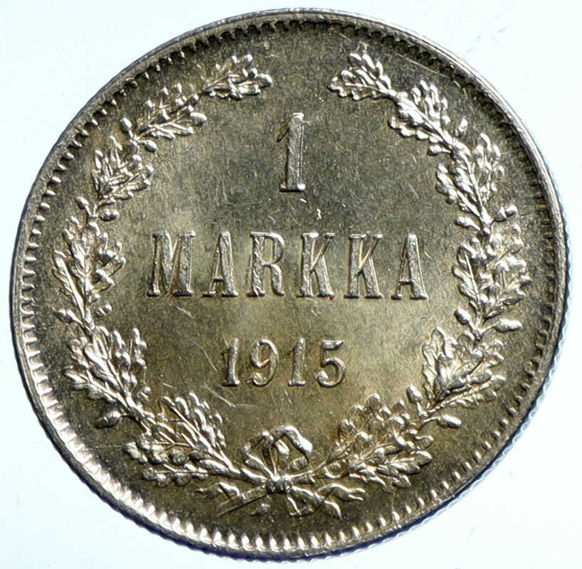 1915 FINLAND Crown Shield Antique Genuine Silver 1 Markkaa Finnish Coin i102925