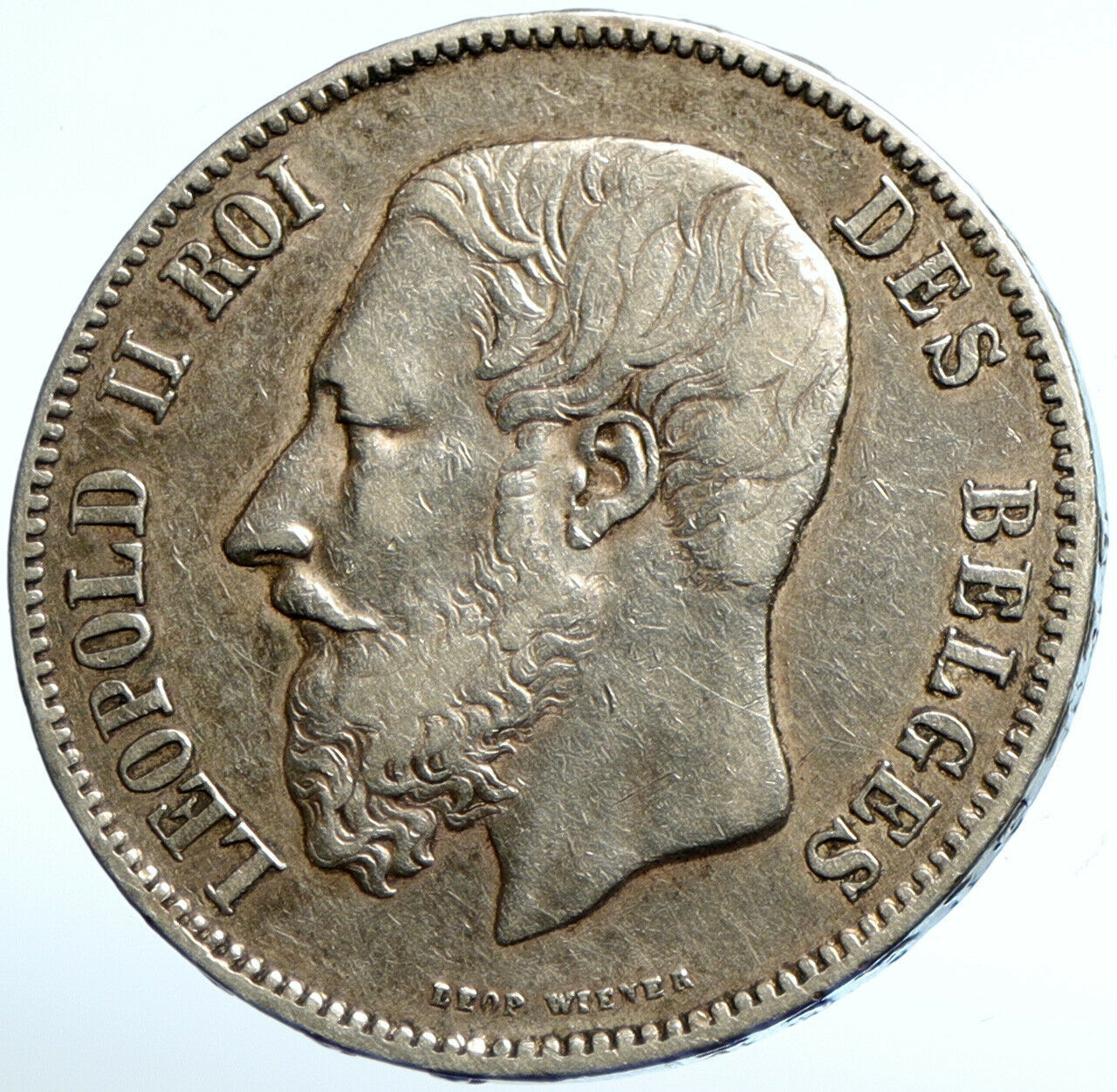 1869 BELGIUM with King LEOPOLD II and LION Antique Silver 5 Francs Coin i102898